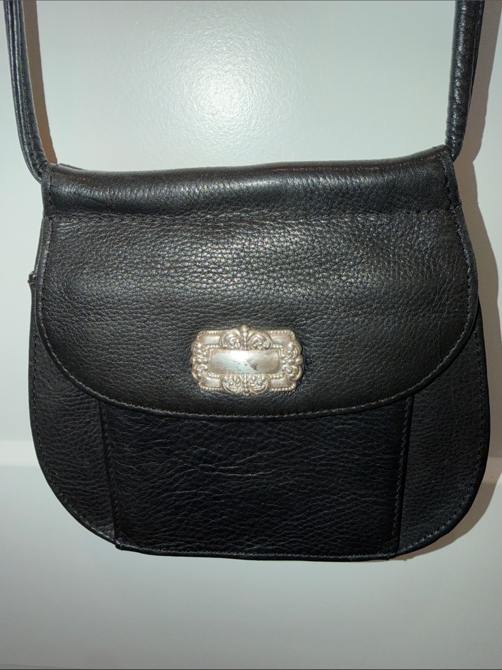 Fossil Vintage Black Leather Crossbody with Silver Plaque